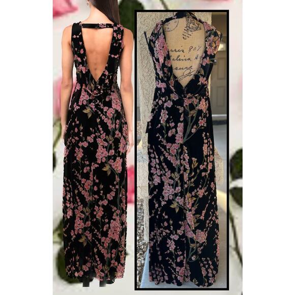Lulus Black Burnout Velvet Floral  Cowl-Back Enhanced Maxi Dress Size L - Picture 3 of 8